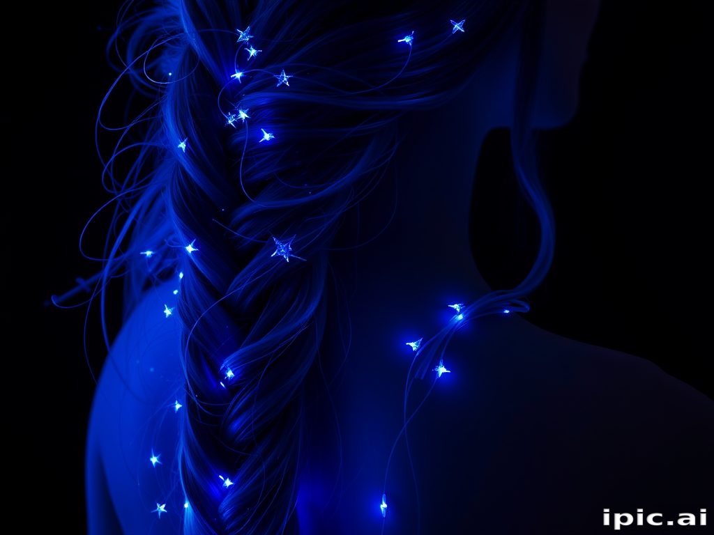 Enchanting midnight blue mermaid braid cascading down one side, interwoven with glowing fiber optic strands for a magical starry night effect