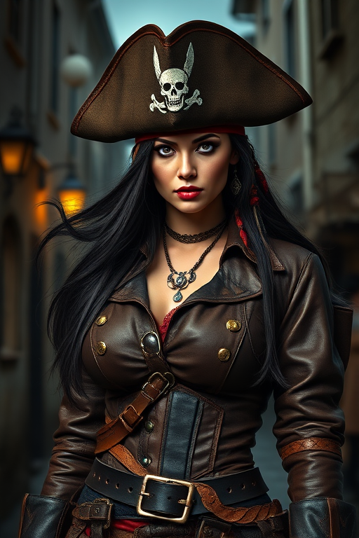 Create a portrait of a fierce female pirate. She wears a leather tricorn hat adorned with a skull and crossbones emblem, and her long, dark hair flows around her face. Her outfit consists of a richly detailed leather jacket, a corset, and multiple layers of belts and accessories, giving her a formidable and stylish appearance. She stands confidently in a dimly lit, historic port town, with a backdrop of weathered buildings and cobblestone streets, capturing the adventurous spirit of a pirate.