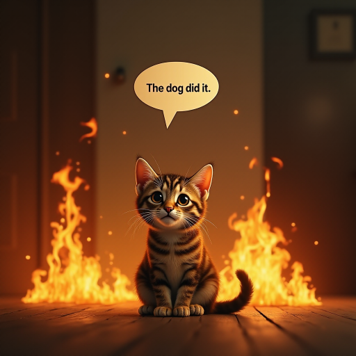 Photorealistic image of an innocent-looking cat sitting calmly in the middle of a burning room. Flames engulf the room, with fire licking up the walls and smoke filling the air. The cat is sitting on the floor, looking directly at the viewer with wide, innocent eyes. Above the cat, a speech bubble says "The dog did it". The contrast between the cat's calm demeanor and the chaos around it creates a humorous and surreal scene.