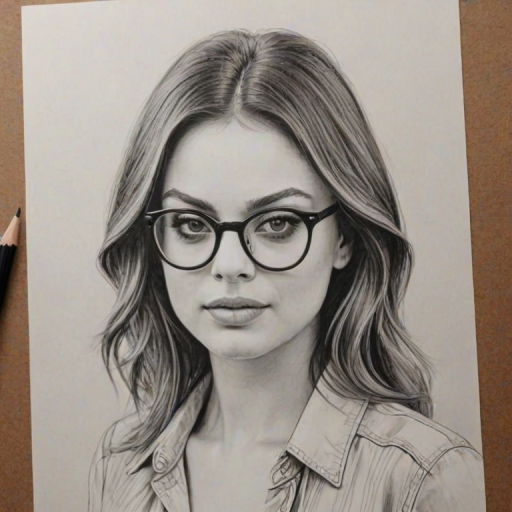 Lovely Mila Kunis, pencil sketch, portrait of Charming woman 1975s in glasses, hair style beatnik, outline, clear lines, fine lines, 8k