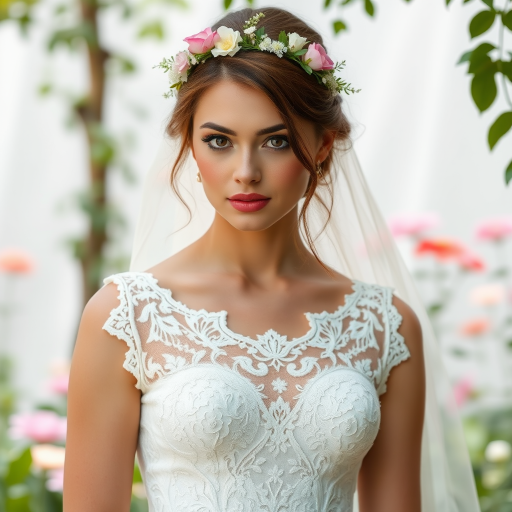 garden scene, bridal model, delicate lace gown, floral headpiece, soft romantic focus, high-key lighting and an 85mm lens for soft, even tones that highlight the model’s face and bright outfit against a white or light background