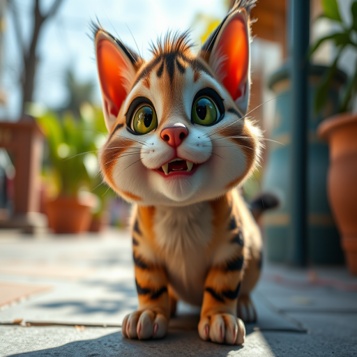 Generate a high-resolution image of a stylized animal character resembling a playful cat with exaggerated features, using a DSLR camera with a 50mm lens, aperture set to f/1.8 for a shallow depth of field, ISO 200, and natural lighting to enhance colors and details, shot from a low angle for a dynamic view.