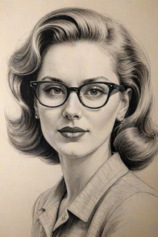 Graceful Sophie Thatcher, pencil sketch, portrait of Splendid woman 1942s in glasses, hair style beatnik, outline, clear lines, fine lines, 8k
