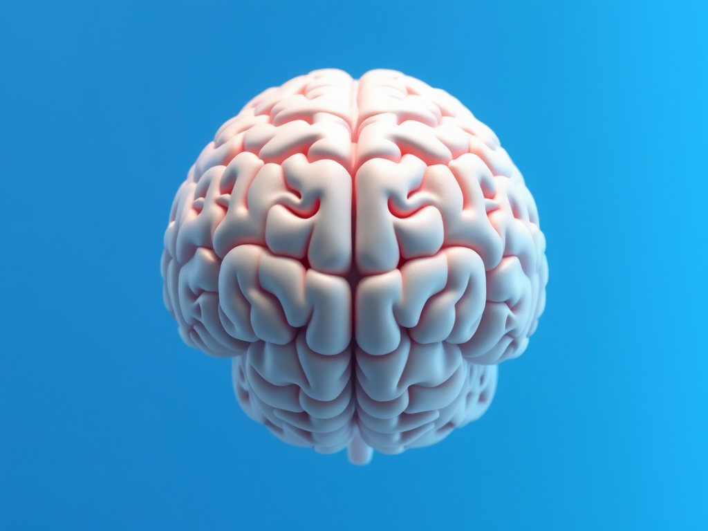 3D rendering of a human brain, centered with a blue gradient background, soft lighting, high resolution, focus mode on, using a DSLR camera, 50mm lens, f/1.8 aperture, ISO 100, 1/200s shutter speed.