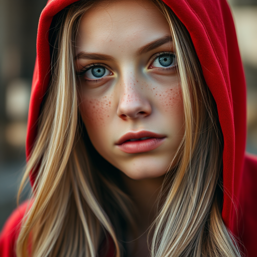 Create a portrait of a young woman with long blonde hair and freckles, wearing a striking red hood, captured in soft natural light with a Canon EOS R5, 85mm f/1.2 lens, at f/1.2, ISO 100, in a close-up, shallow depth of field style to enhance detail and texture.