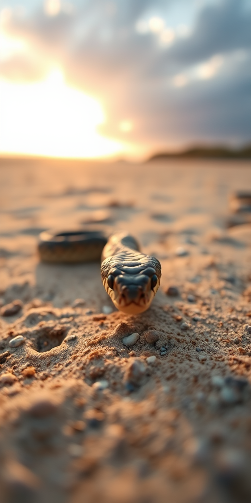 Capture a close-up of a snake on a sandy beach at sunset with soft golden light, using a DSLR camera with a 50mm lens, aperture f/1.8, ISO 100, and a low angle for a dramatic perspective.