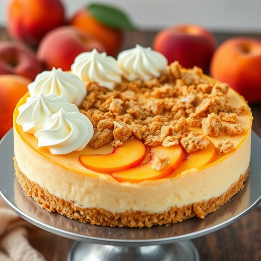 A delicious cheesecake with a golden graham cracker crust topped with whipped cream and a crumbly topping featuring peach slices inside, displayed on a silver cake stand with fresh peaches in the background.