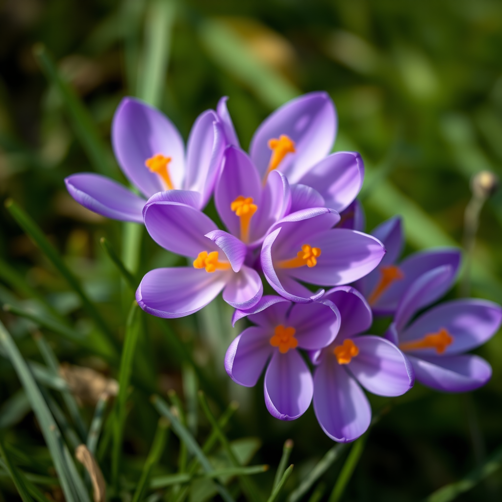 Close-up shot of a cluster of purple crocus flowers on green grass, shallow depth of field, ISO 100, f/2.8, 1/200s, natural light, DSLR camera with macro lens.