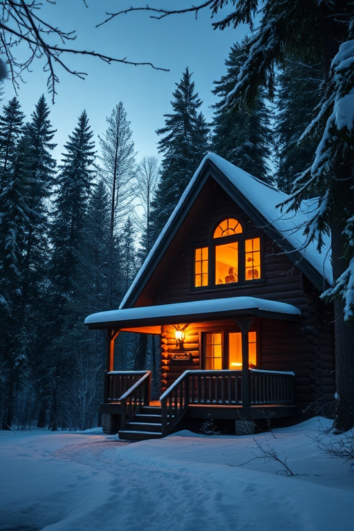 A cozy cabin in a snowy forest at twilight with warm light glowing from the windows, snowflakes gently falling, captured with a DSLR camera, 35mm lens, f/2.8 aperture, ISO 400, 1/60 second shutter speed, soft focus, wide-angle view.