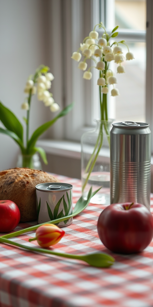 Capture a still life scene featuring a loaf of bread, a can, a red apple, a tulip, and a vase of lilies of the valley on a checkered tablecloth near a window with soft natural light, using a DSLR camera with a 50mm lens, aperture f/1.8, ISO 200, and a shutter speed of 1/200 sec for enhanced depth of field and clarity.