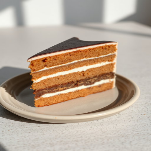 A slice of layered cake on a neutral plate showcasing distinct layers of chocolate and vanilla with cream filling between them, placed on a textured surface in a bright setting.