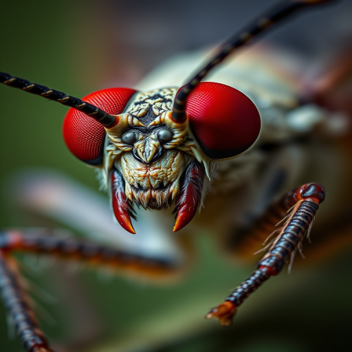 macro shot of an insect with exaggerated features and bright red eyes, focus on details, shallow depth of field, f/2.8 aperture, ISO 100, 60mm macro lens, natural light, high-resolution photography.