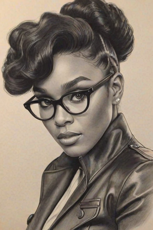 Magnificent Janelle Monae, pencil sketch, portrait of Stunning woman 1936s in glasses, hair style beatnik, outline, clear lines, fine lines, 8k
