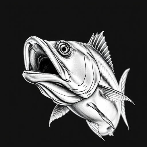 A highly detailed sketch of a barracuda fish, captured with a Canon EOS 5D Mark IV, 50mm lens, f/2.8 aperture, 1/250s shutter speed, ISO 100, macro view, in monochrome style with high contrast and sharp focus.