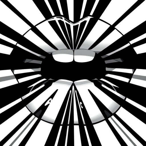Bold geometric lips with sharp lines and angles in contrasting black and white, creating a striking optical illusion that draws the eye