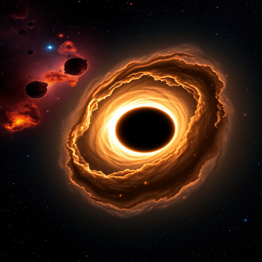 Capture a high-resolution image of a black hole with a glowing ring and vibrant nebulae in the background using a DSLR camera at f/2.8 aperture, ISO 100, 24mm focal length, and a long exposure of 30 seconds to enhance detail and luminosity in the cosmic scene.