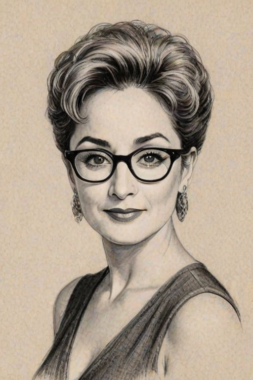 Captivating Annie Potts, pencil sketch, portrait of Wonderful woman 1935s in glasses, hair style beatnik, outline, clear lines, fine lines, 8k