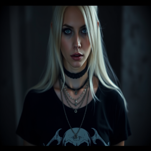 A moody portrait of a gothic woman with long white hair, wearing a skull graphic tee and layered necklaces, emphasizing dark, dramatic lighting; camera settings: ISO 100, f/1.8, 1/200s; camera view: close-up; camera style: cinematic; camera type: DSLR.