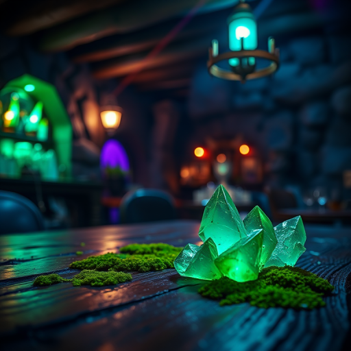 scene, emerald on a table, tavern, close-up, energy, epic, moss, crystal, purple and blue theme, dark fantasy, low light, depth of field, highly detailed, high contrast, film grain, Rim Lighting, Long Exposure, DSLR, Product-View