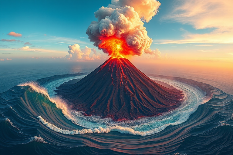 Create a highly detailed illustration of an erupting volcano surrounded by ocean waves in a circular frame, using a Canon EOS R5 with a 24-70mm lens, f/8 aperture, ISO 100, 1/200 sec shutter speed, capturing a wide-angle view with vibrant colors and high contrast to enhance image quality.