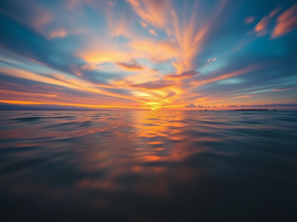 Generate a high-resolution image of a serene landscape at sunset, with vivid colors and soft reflections on water, using a Canon EOS R5, 35mm lens, f/8 aperture, ISO 100, long exposure for smooth water, shot from a low angle to capture the sky's details.