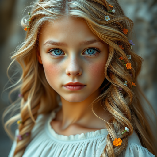 Create an image of a young Mestizo woman with long, wavy blonde hair, adorned with small, colorful flowers woven into her braids and loose strands. Her complexion is fair, with soft, glowing skin, and she has light blue eyes that gaze softly at the viewer. She wears a light, flowing dress with a gentle, ethereal quality, complementing her delicate and serene appearance. The background is slightly blurred, drawing focus to her tranquil expression and the intricate details of the flowers in her hair. The overall mood of the image is one of natural beauty and grace, evoking a sense of peacefulness and connection with nature.