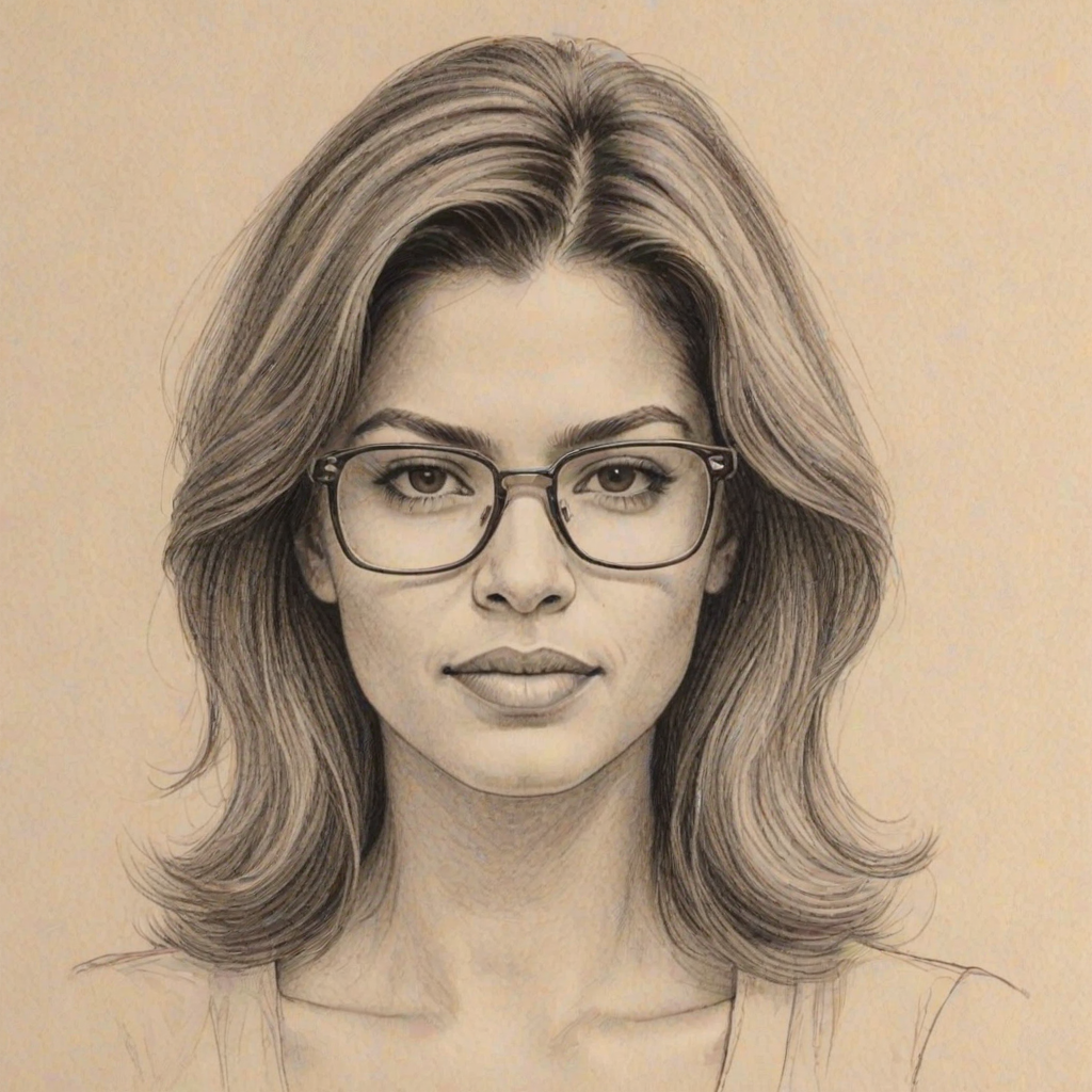 Captivating Andrea Navedo, pencil sketch, portrait of Charming woman 1977s in glasses, hair style beatnik, outline, clear lines, fine lines, 8k