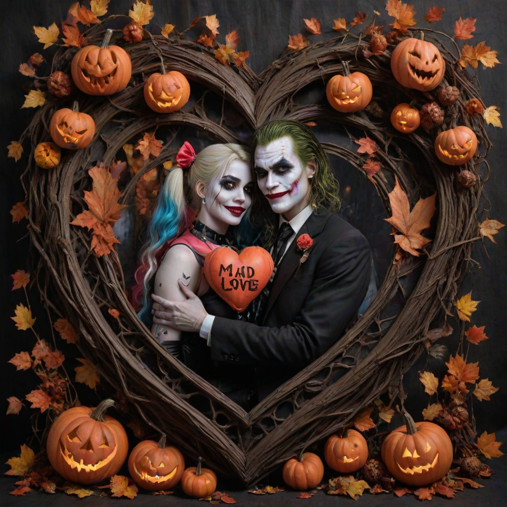 The Joker, neat, wearing a black suit and a beautiful Harley Quinn with long hair, both romantic, hugging and cuddling in the middle of a neon linen black heart frame decorated with dead leaves, bats, and small pumpkins, with a label at the bottom that reads 'Mad Love' made of linen, in a photo realistic style.