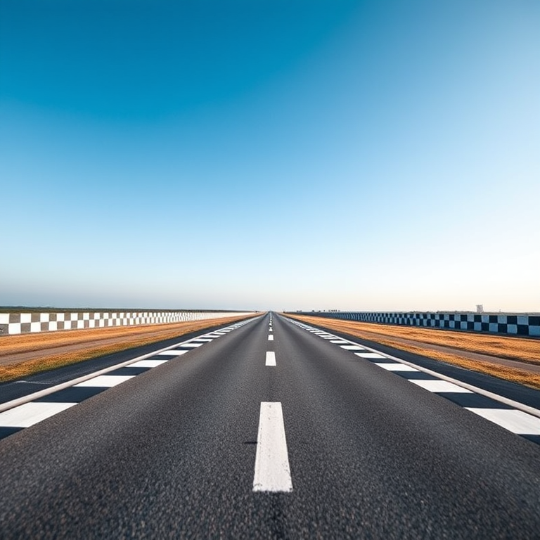 A long, straight road leading into the distance with a checkered pattern on the sides under a clear blue sky, shot with a DSLR camera at f/8, ISO 100, 1/200s, taken from a low angle wide-angle lens perspective to emphasize depth and enhance the image quality.