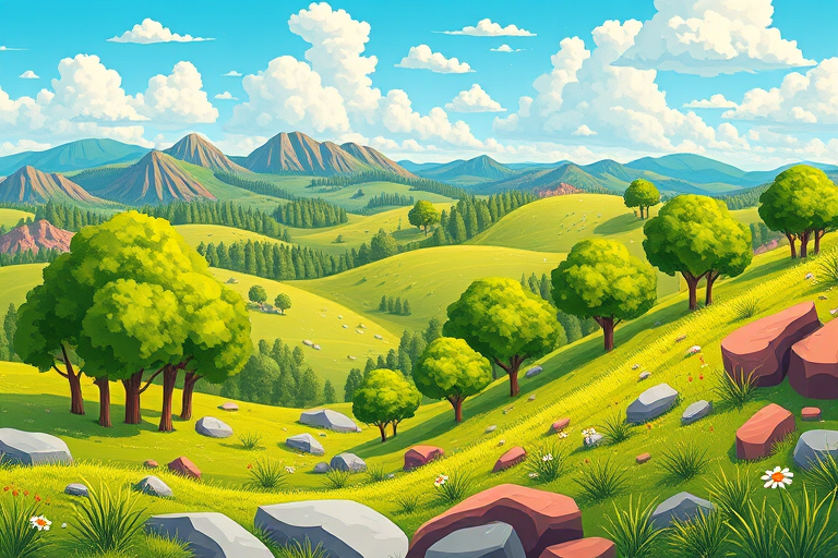 Create a vibrant, cartoon-style landscape with lush green trees, rolling hills, and colorful rocks, using a wide-angle lens at f/8, ISO 200, 1/250s, captured with a DSLR camera for enhanced clarity and detail.