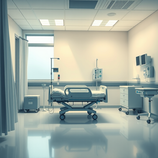 Create a highly detailed digital illustration of a hospital room featuring a single hospital bed with an IV stand, soft ambient lighting, and a sterile environment, captured with a 50mm lens on a DSLR camera, aperture set to f/2.8, ISO 100, and a slight vignette effect for depth.
