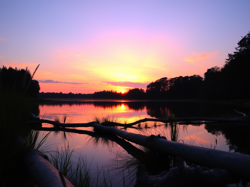 Generate an image of a vibrant sunset over a tranquil lake with reflections, using a DSLR camera, 50mm lens, f/1.8 aperture, ISO 100, 1/125 sec exposure, shot from a low angle for enhanced depth and detail.
