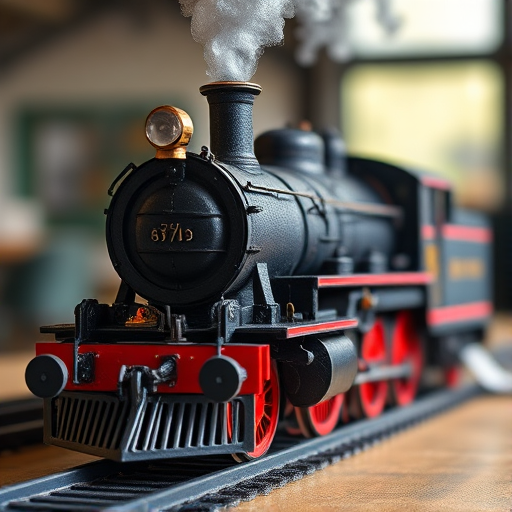 regenerate a high-resolution image of a vintage steam locomotive model with a focus on intricate details, use a DSLR camera with a 50mm lens, aperture f/2.8, ISO 100, shooting at a slightly elevated angle, soft natural lighting to enhance textures and colors, with a blurred background for depth.