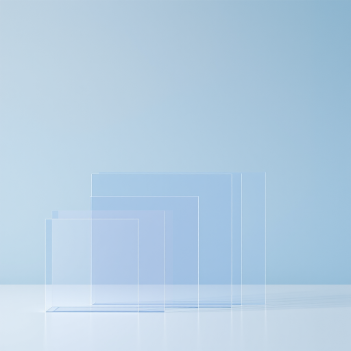 create an abstract digital art piece featuring layered transparent rectangles in varying sizes and heights, with a gradient gray and blue background, shot with a DSLR camera at an aperture of f/8, ISO 100, 24mm focal length, in landscape orientation, using natural lighting to enhance depth and clarity