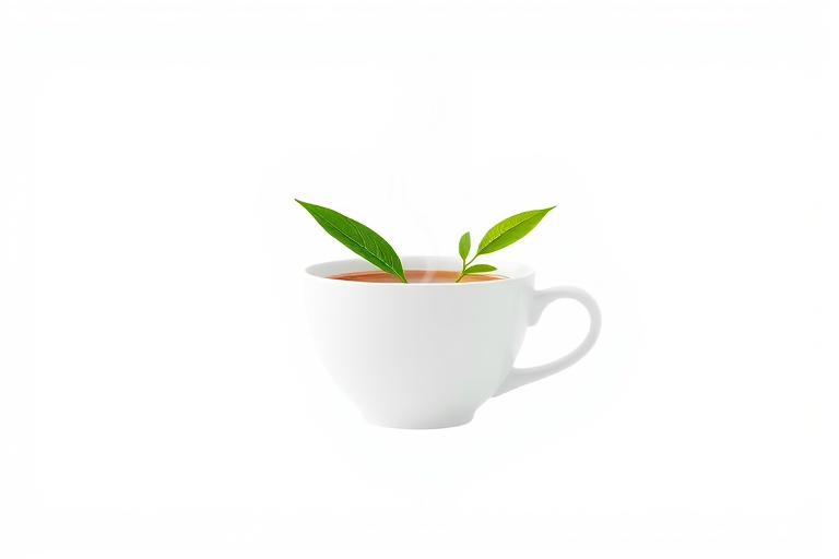 Create a high-resolution image of a minimalist tea cup logo with steam rising and green leaves, using a Canon EOS R5 camera, 50mm lens, f/1.8 aperture, soft natural lighting, focus on the cup with a blurred background, and a white backdrop for clarity.