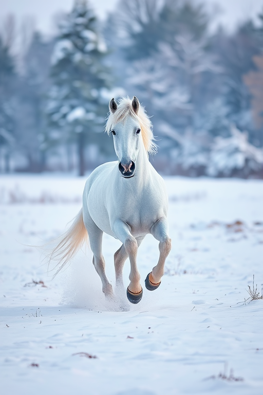 a white horse galloping through a snowy landscape with trees in the background and a soft winter light