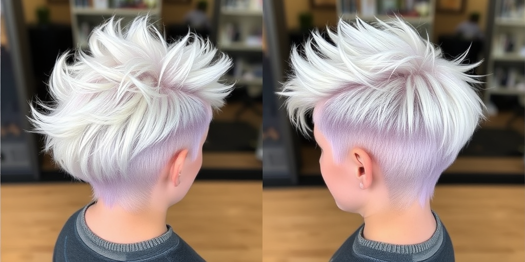 Platinum blonde pixie with lavender shadow roots, styled in spiky texture, called "Ice Queen's Crown" hair, featuring frosted tips and a jagged silhouette