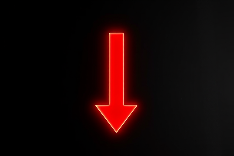 create a vibrant red downward arrow on a solid black background, shot with a DSLR camera, 50mm lens, f/2.8 aperture, 1/60s shutter speed, ISO 100, in high resolution for enhanced clarity.