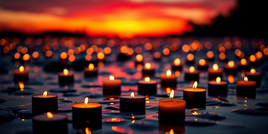 floating candles on water at sunset with reflections, shallow depth of field, f/2.8, ISO 100, 1/125s, 50mm lens, soft focus, twilight ambiance, DSLR camera