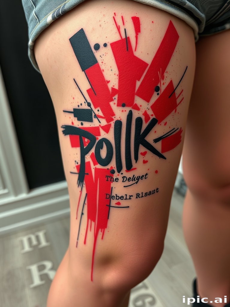 Trash polka tattoo combining realistic and abstract elements on the thigh, featuring bold red and black ink with chaotic brushstrokes and text