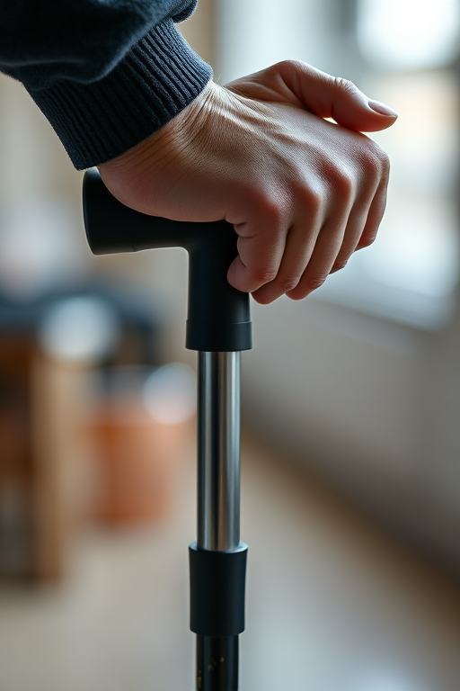 Generate an image of a hand gripping a crutch with a blurred background, using a shallow depth of field, 50mm lens, f/2.8 aperture, ISO 100, and a soft diffused lighting style to enhance the image quality.