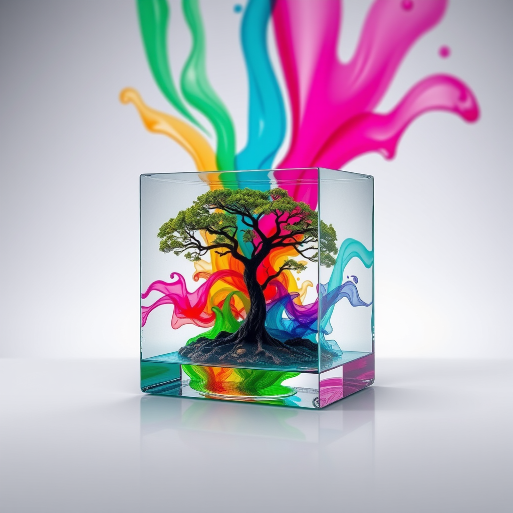 Create a vibrant abstract scene featuring a glass cube with a tree and colorful liquid flowing around it, using a DSLR camera with a 50mm lens, aperture f/1.8, ISO 100, shot at a 45-degree angle, in high dynamic range.
