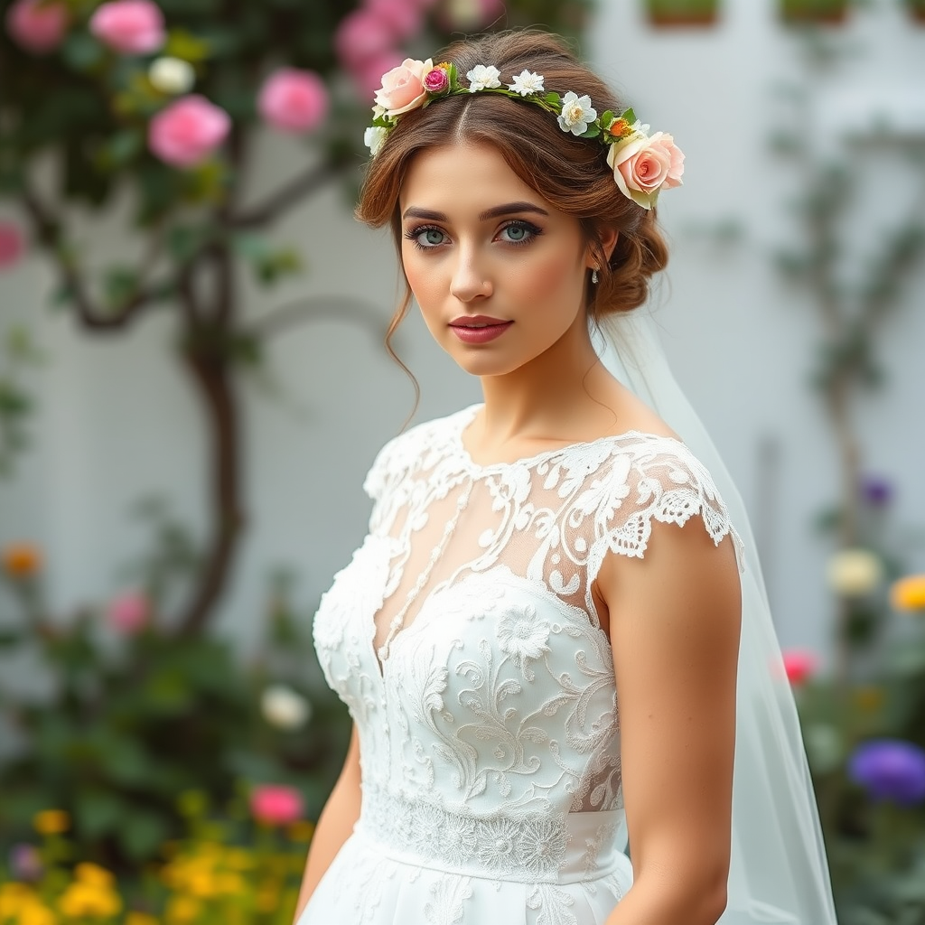 Garden scene, bridal model, delicate lace gown, floral headpiece, soft romantic focus, high-key lighting and an 85mm lens for soft, even tones that highlight the model’s face and bright outfit against a white or light background
