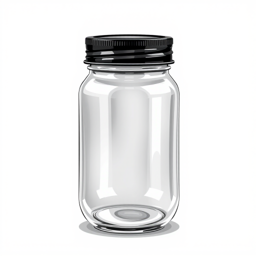 Create a detailed illustration of a glass jar with a transparent body and black lid using a DSLR camera, 50mm lens, f/2.8 aperture, ISO 100, shot from a slightly elevated angle to highlight reflections and shadows for enhanced depth and clarity.