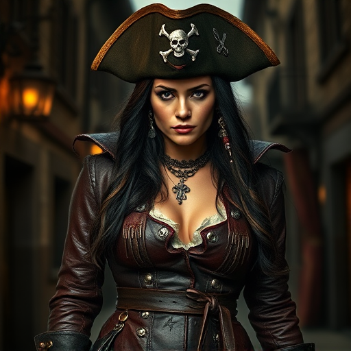 Create a portrait of a fierce female pirate. She wears a leather tricorn hat adorned with a skull and crossbones emblem, and her long, dark hair flows around her face. Her outfit consists of a richly detailed leather jacket, a corset, and multiple layers of belts and accessories, giving her a formidable and stylish appearance. She stands confidently in a dimly lit, historic port town, with a backdrop of weathered buildings and cobblestone streets, capturing the adventurous spirit of a pirate.