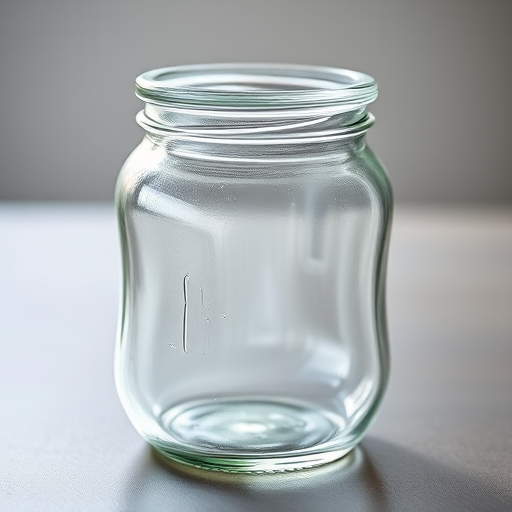 Create a transparent glass jar with a smooth surface and a sleek lid, shot with a DSLR camera at f/2.8, ISO 100, 50mm lens, in natural light from a side view to highlight reflections and transparency.