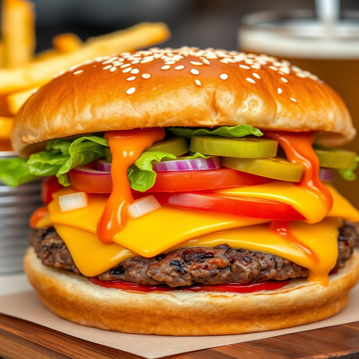 High-resolution, close-up image of a gourmet double cheeseburger. The burger features a glossy, sesame-seed-topped brioche bun. Inside, there are two thick, juicy beef patties, each topped with melted cheddar cheese. The burger is garnished with fresh lettuce, tomato slices, diced onions, and pickles. A generous amount of ketchup and a creamy, orange-colored sauce is dripping down the sides, adding to the mouth-watering appeal. In the background, there are blurred elements including a side of golden French fries and a hint of a beverage, enhancing the overall presentation of a delicious meal.