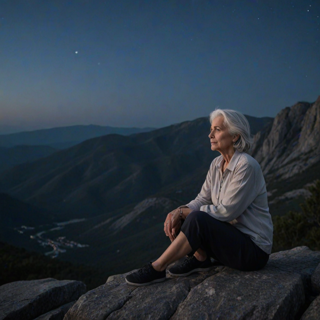 portrait of a contemplative older woman with silver hair sitting on a rocky ledge at night, full moon lighting the scene, slight breeze in the air, atmospheric mountains in the background, Canon EOS R5, 50mm f/1.2 lens, ISO 100, aperture f/2.8, shutter speed 1/125s, soft focus background for depth, twilight color grading