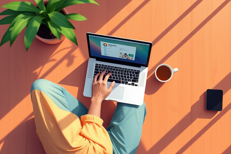 Generate a digital illustration of a person working on a laptop with a mug nearby, using a top-down view, bright colors, 4K resolution, f-stop 2.8, ISO 100, 24mm lens, natural light to enhance clarity and vibrancy.