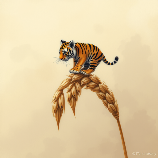 Soft, muted Alcohol Ink with ebru effect background image of tiny whimsical tiger, who climbed high on the top of a golden rye ear.